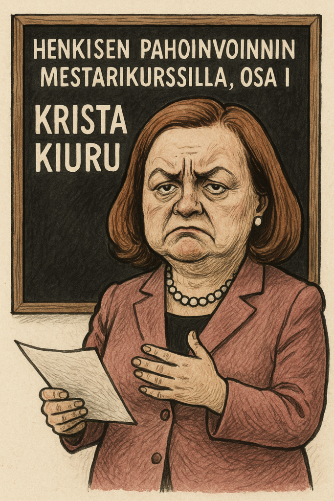 Krista Kiuru satiirisessa henkilökuvassa 1 ChatGPT Image 6. elok. 2025 klo 07.21.22