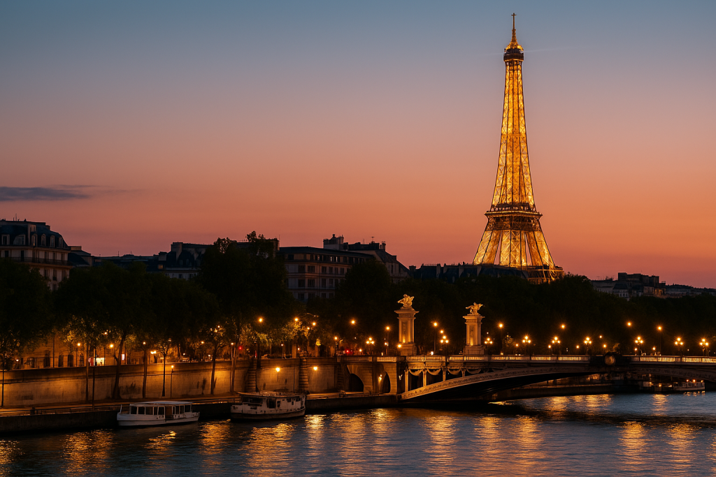 Pariisi 3 Pariisin Eiffel-torni ja Seine kylpevät iltavalossa