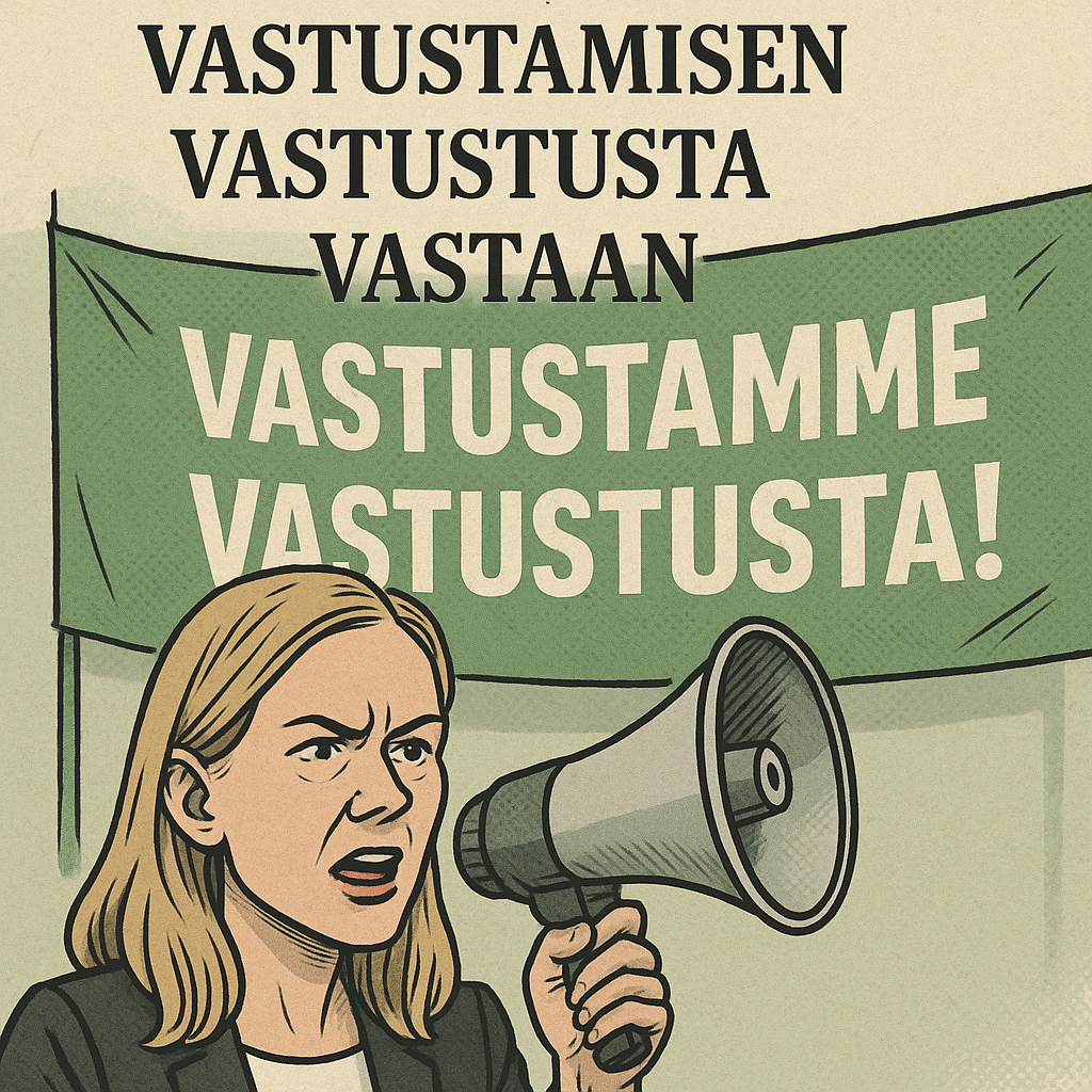 Satiirinen kuva Sofia virrasta megafoni kädessä.vihreän banderollin edessä,jossa lukee `Vastustamme vastustusta`