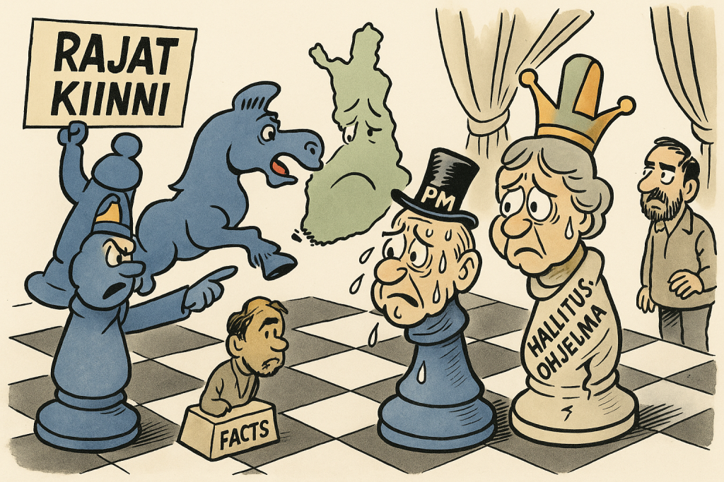 Shakkilauta,jossa poliitikot esitetään nappuloina-perussuomalaisten retoriikka hyökkää,hallituksen kuningas hikoilee nurkassa