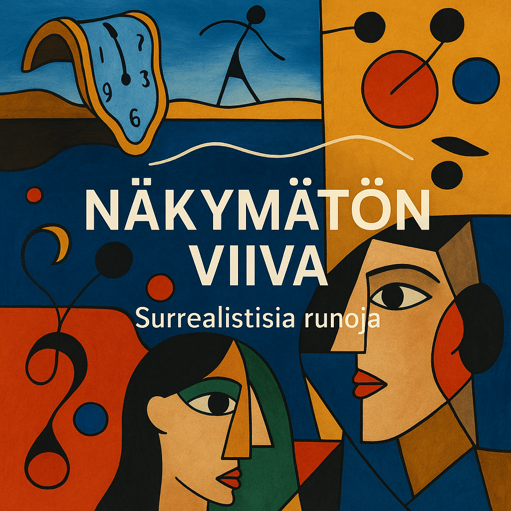 Kuvallinen esitys runokokoelmasta Näkymätön Viiva-surrealistisia runoja,värikkäät muodot ja kubistiset kasvot