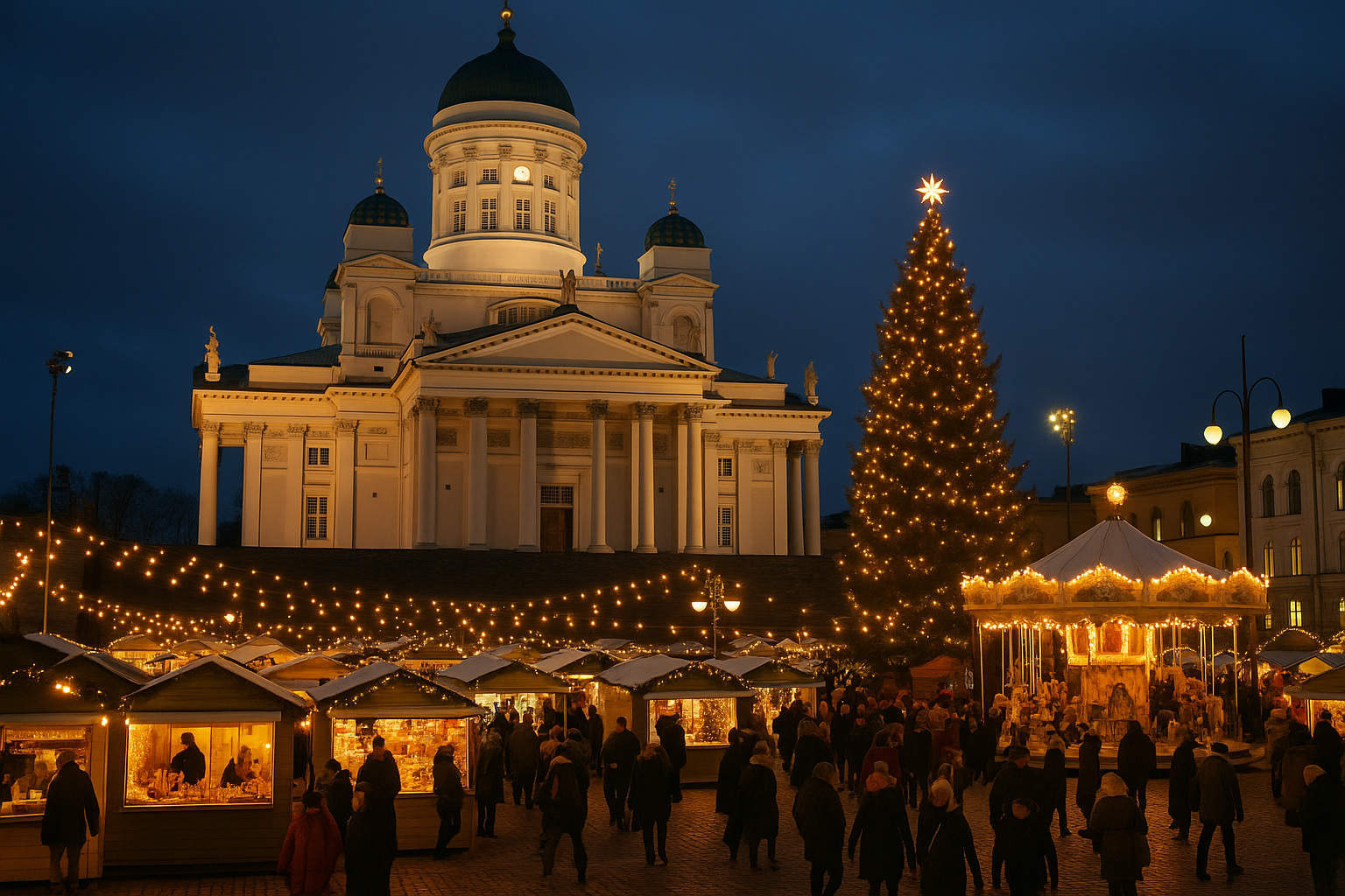 Helsingin Tuomaan markkinat iltavalaistuksessa,taustalla Tuomiokirkko