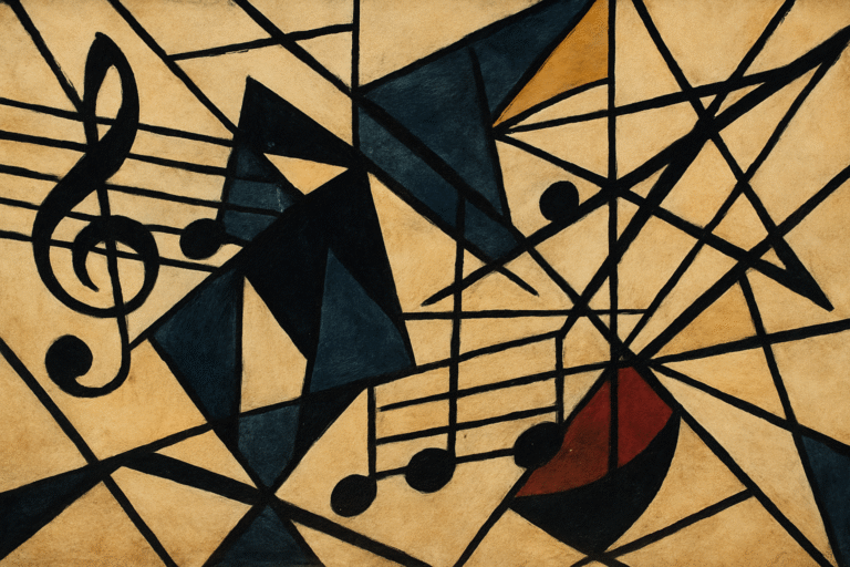 Asbtrakti kubistinen kuva,jossa mustat ääriviivat muodostavat nuottiviivaston ja rikkinäisen sävelen symboliikan