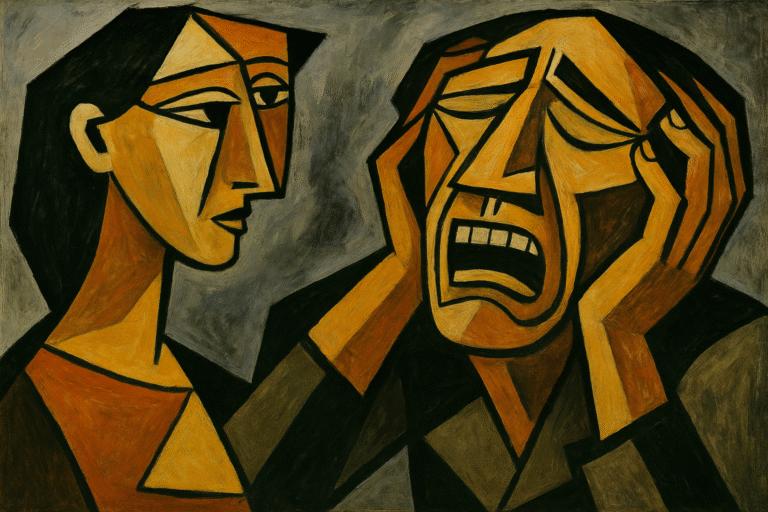 Abstrakti;kubistinen maalaus,jossa tyhjät muodot,säröilevät viivat ja mustat tilat keskustelevat hiljaisuuden kanssa