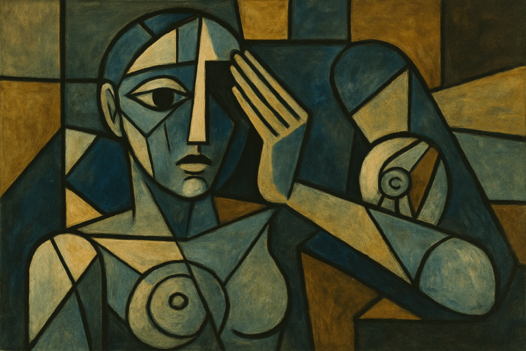 Picasson inspiroima kuva hahmosta ilman suuta,jonka ympärillä rakentuu abtrakti kehys