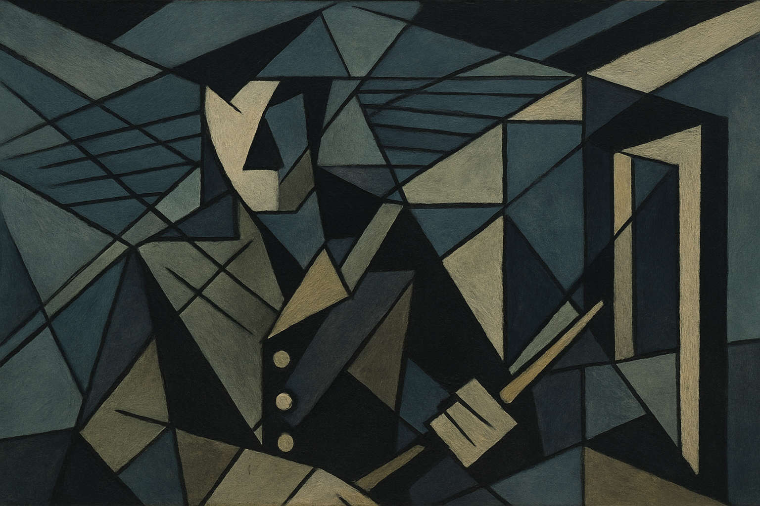 Kubistinen mieshahmo univormussa,taustalla toistuvia linjoja ja sulkeutuvia ovia