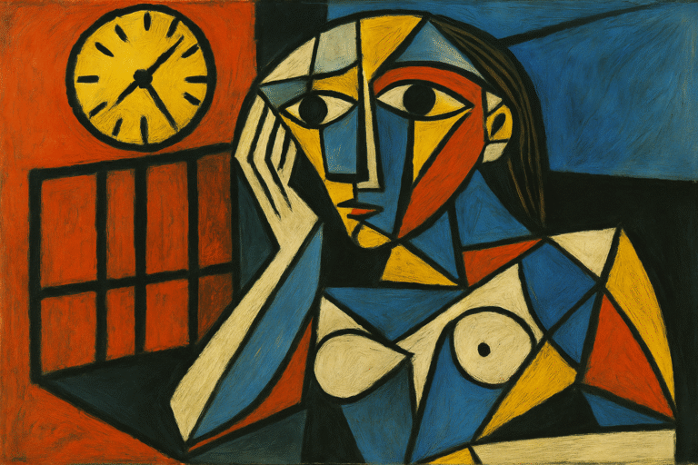 Kubistinen hahmo,jonka vatsan kohdalla kello sulautuu lihaksiin;kellon viisarit kiertyvät sisäänpäin