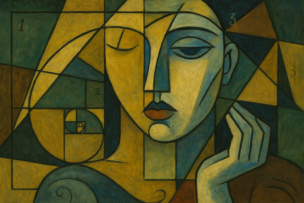 Sisäinen Repeäminen-sarja osa IV 2 Kubistinen kuva,jossa ihminen on jaettu geometrisiin osiin,säröjen kohdilla kultainen leikkaus