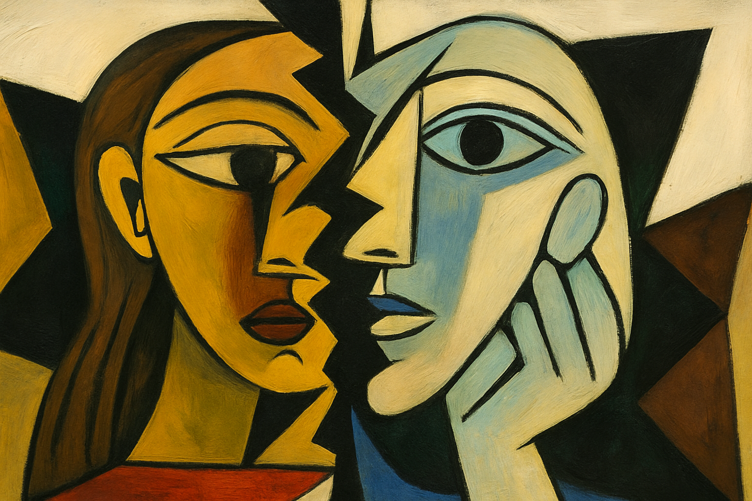 Hajonnut ihmishahmo kuvattuna geometrisilla muodoilla,taustalla vääristynyt horisontti Picasson hengessä