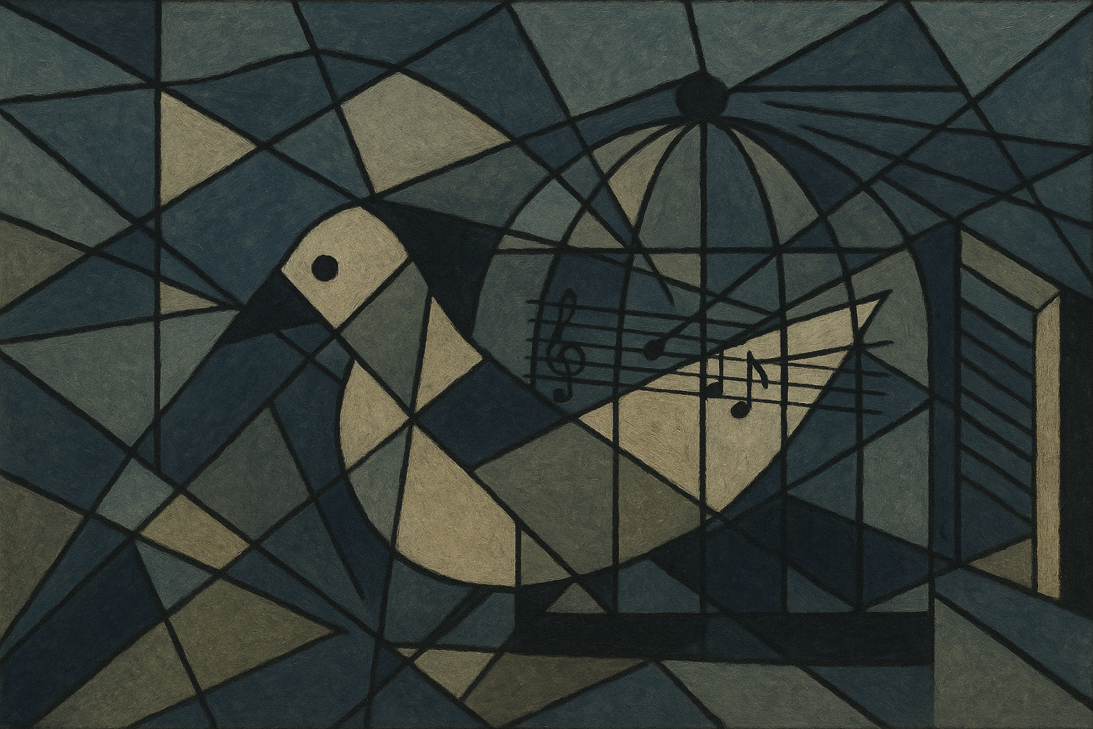 Kubistinen maalaus abstraktista häkistä ja linnusta,joka sulaa nuottiviivoihin