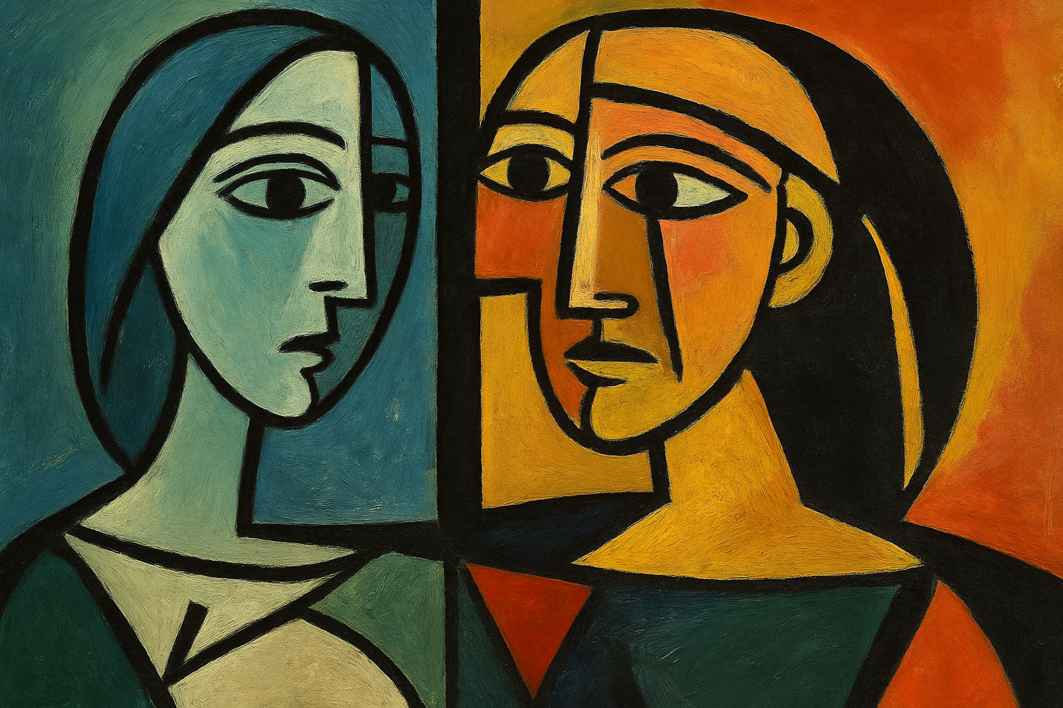 Picasson tyyliin kubistinen kuva,jossa hajonnut kasvokuva kohtaa peilin vääristyneen todellisuuden