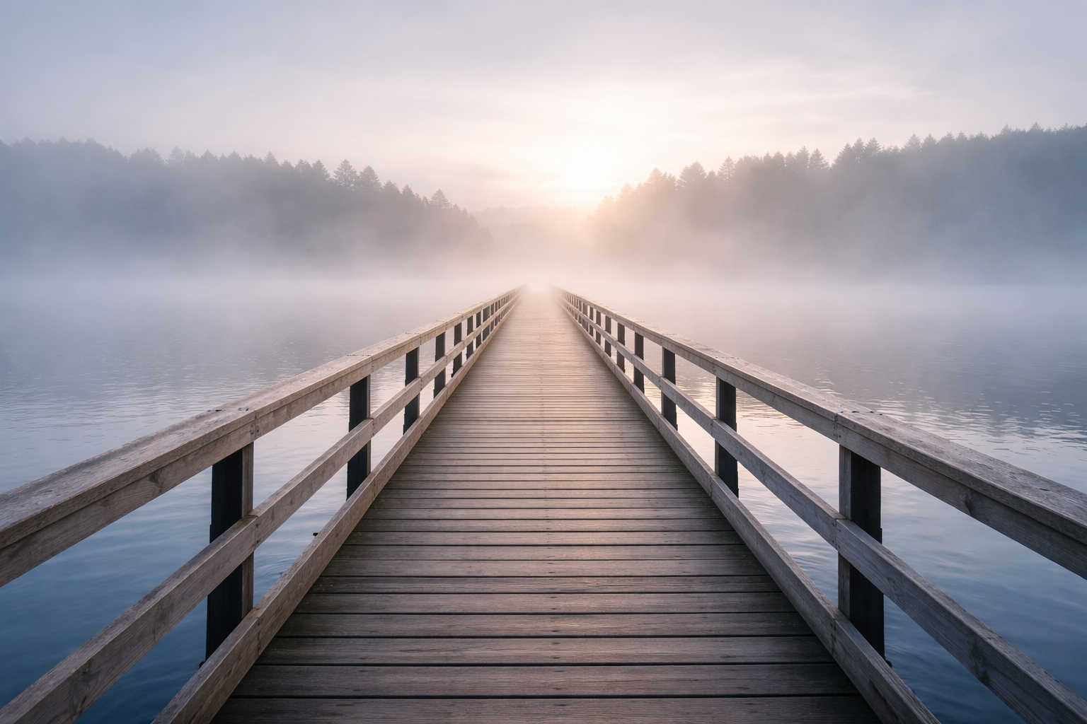 Sillan päässä usvainen järvimaisema.