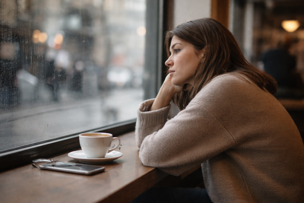 Miksi me ärsyynnymme samoista asioista-mutta kuvittelemme olevamme yksilöitä 2 Yksinäinen mietteliäs henkilö kahvilassa