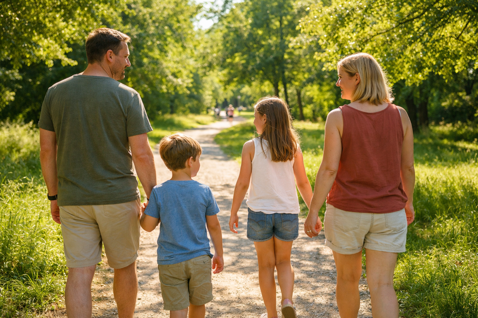 Perhe kävelee kesäisessä puistossa-isä,äiti ja kaksi lasta viettävät rauhallista arkihetkeä yhdessä