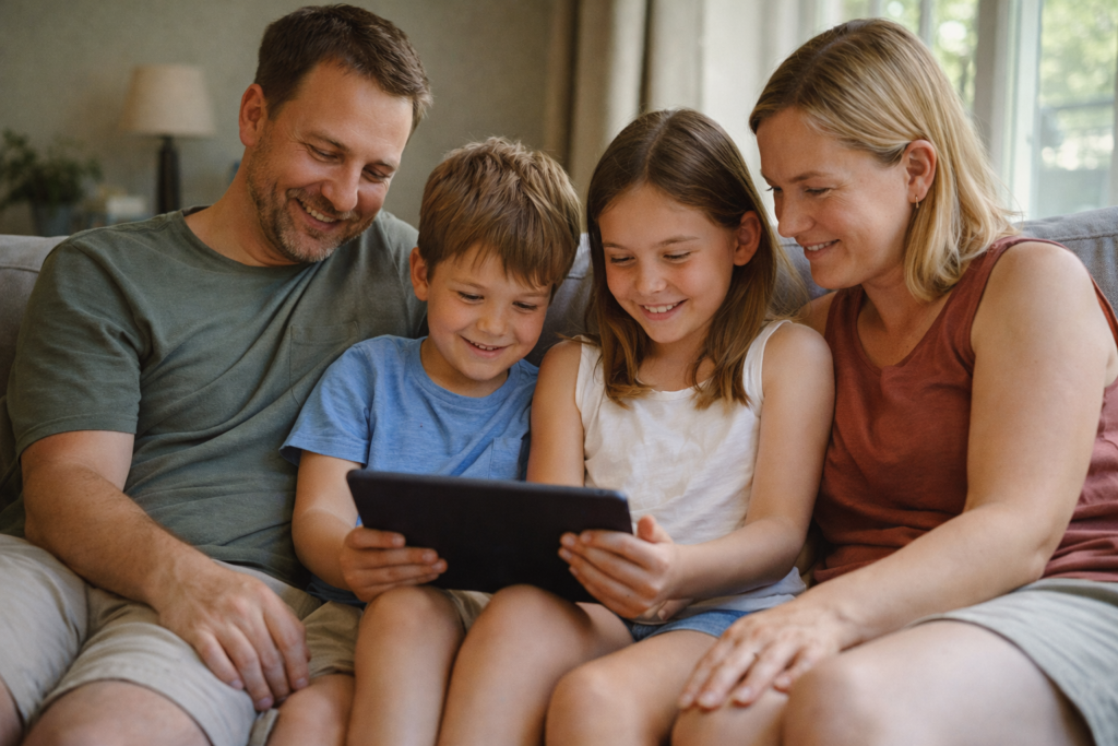 Perhe-avain normaaliin,tasapainoiseen arkeen ja luottavaiseen tulevaisuuteen 2 Perhe istuu sohvalla kotona ja katsoo yhdessä tablettia rauhallisessa arkihetkessä