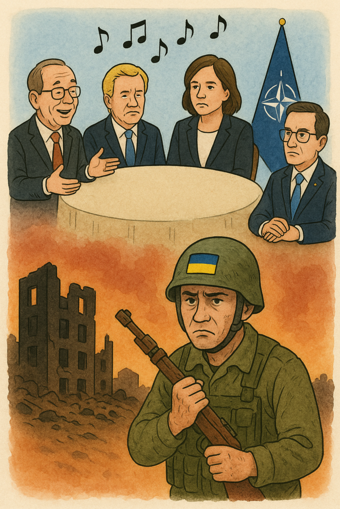 Yläpuolella euroopan johtajat lausuvat musiikin sävelin,alapuolella ukranalainen sotilas seisoo sodan raunioissa