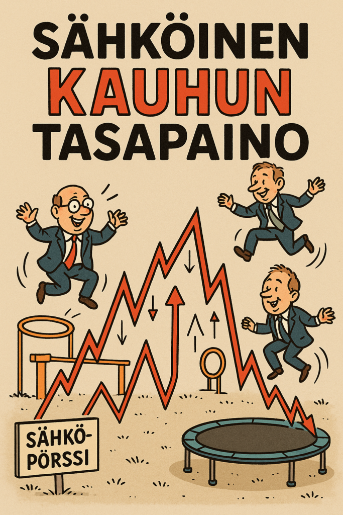 Kuvitus,jossa pörssisähkön hintakäyrä nousee ja laskee rajusti ja kolme hahmoa hyppii trampoliinilla sähköpörssin temppuradalla