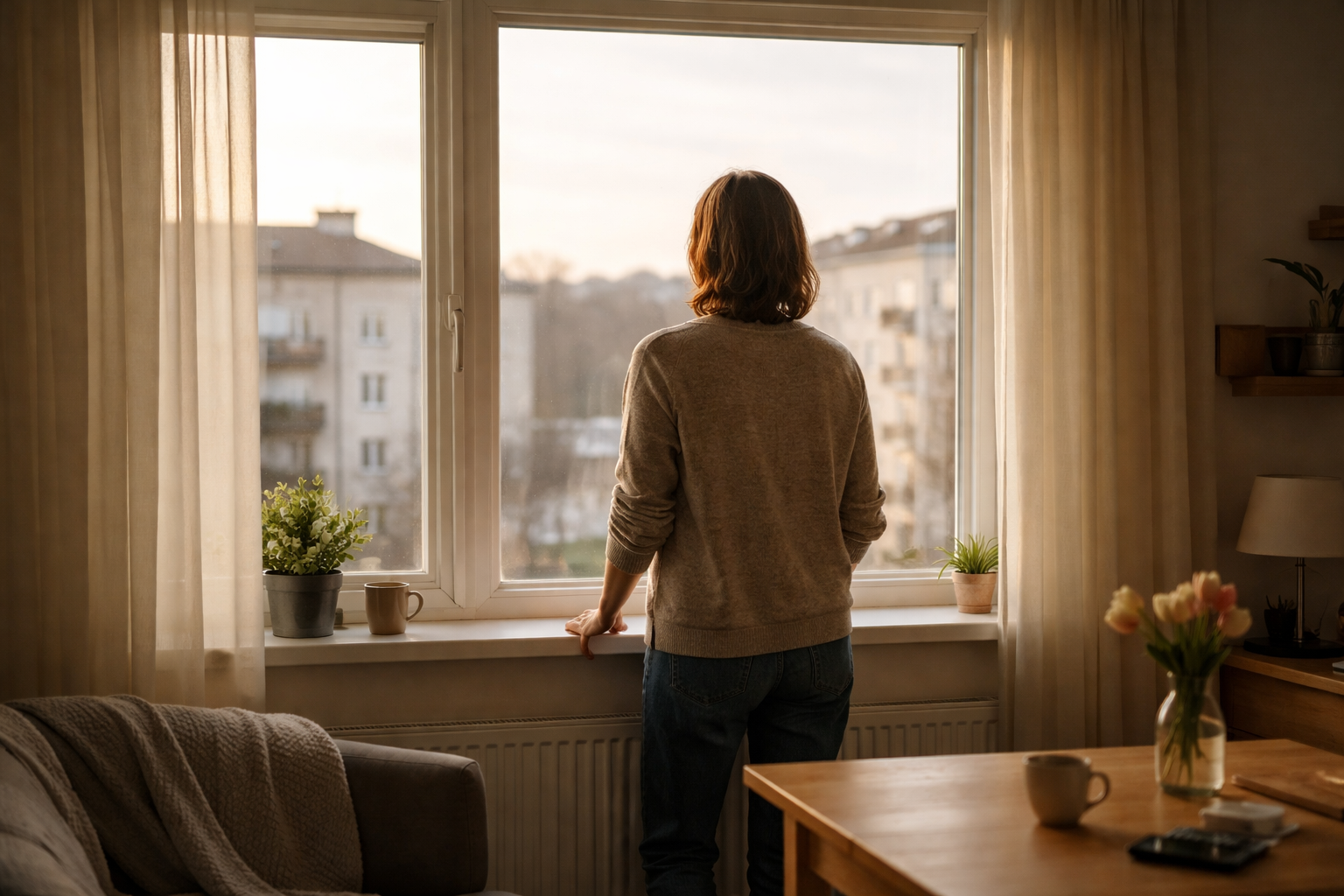 Ihminen seisoo ikkunan ääressä aamunvalossa ja katsoo ulos,hiljainen hetki ennen päivän alkua