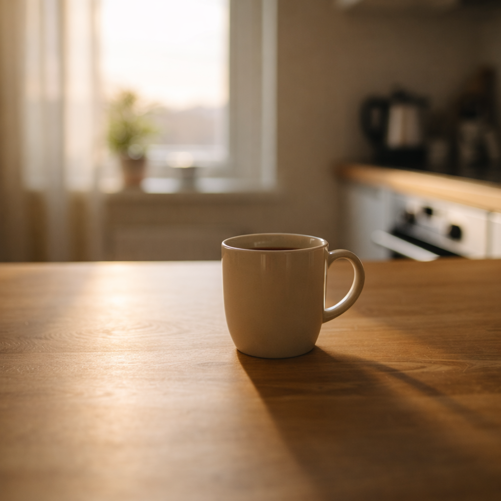 Unelmilla on siivet 2 Kahvikuppi keittiön pöydällä aamun valossa,arkinen rauhallinen hetki