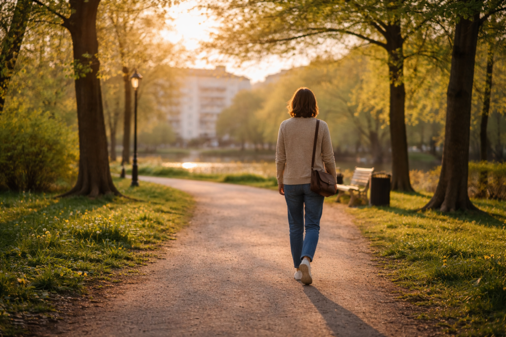 Unelmilla on siivet 3 Ihminen kävelee rauhallisesti puistotiellä,symboli toivosta ja eteenpäin menosta