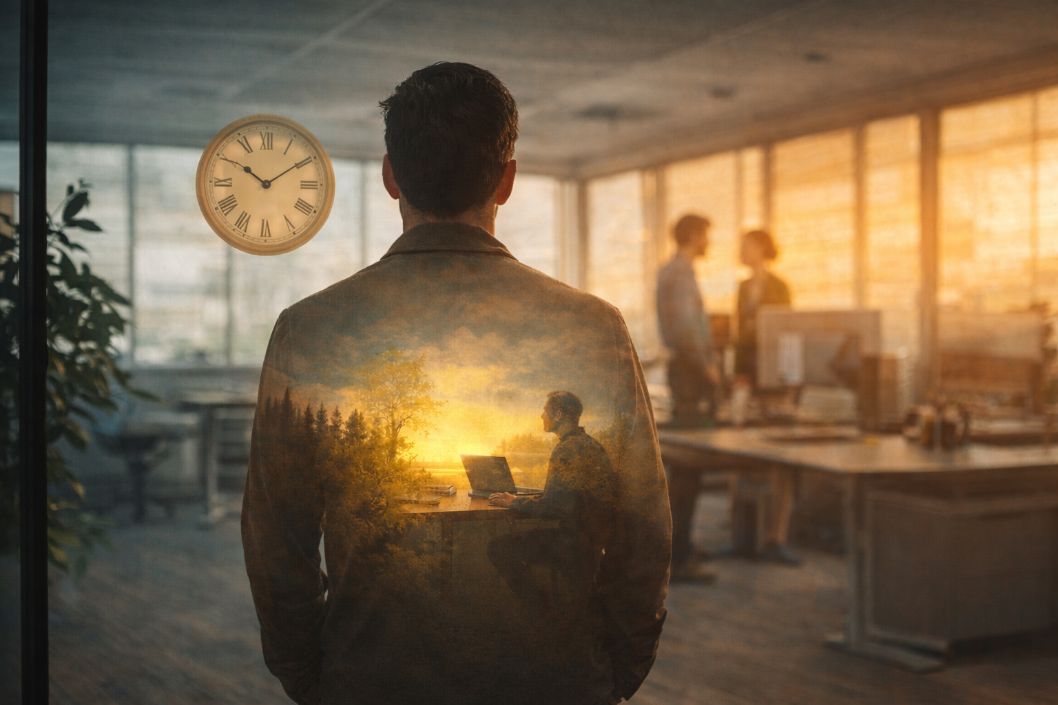 Ihminen työympäristössä luonnon ja kerrosten välissä-symboli työn,ihmissuhteiden ja sisäisen tasapainon etsimisestä