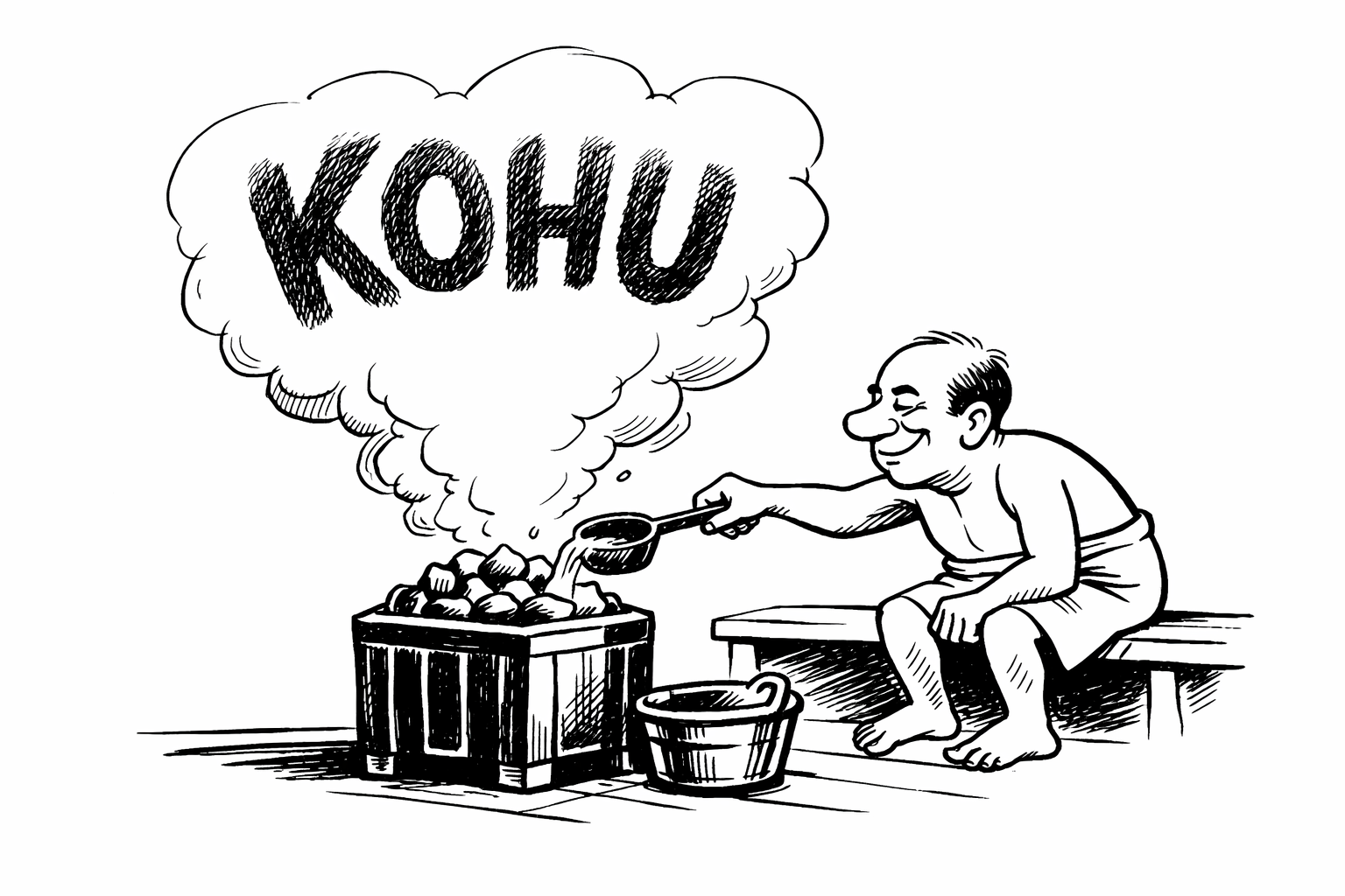 Kari Suomalainen- henkinen pilapiirros saunasta,jossa poliitikkohahmo heittää vettä kiukaalle ja höyry muodostaa sanan Kohu