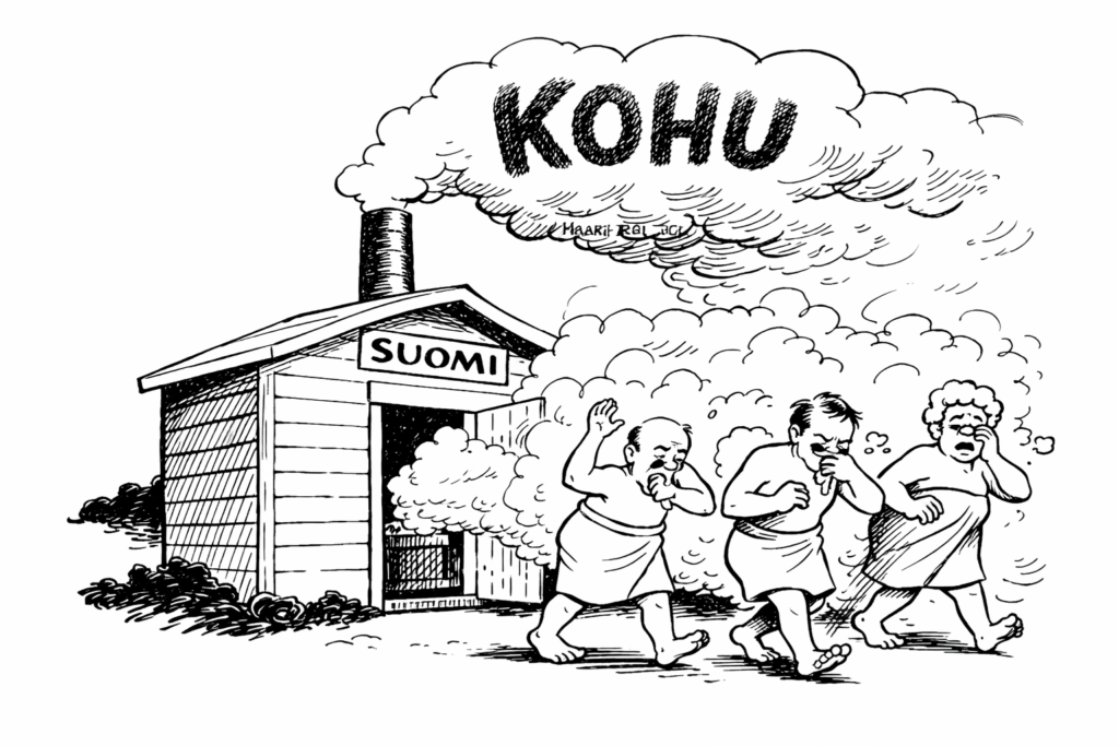 Perussuomalaisten kaa saunas-poliittinen löylyhuone 2 Satiirinen poliittinen piirros suomalaisesta saunasta,josta nouseva kohuhöyry ajaa ihmiset ulos