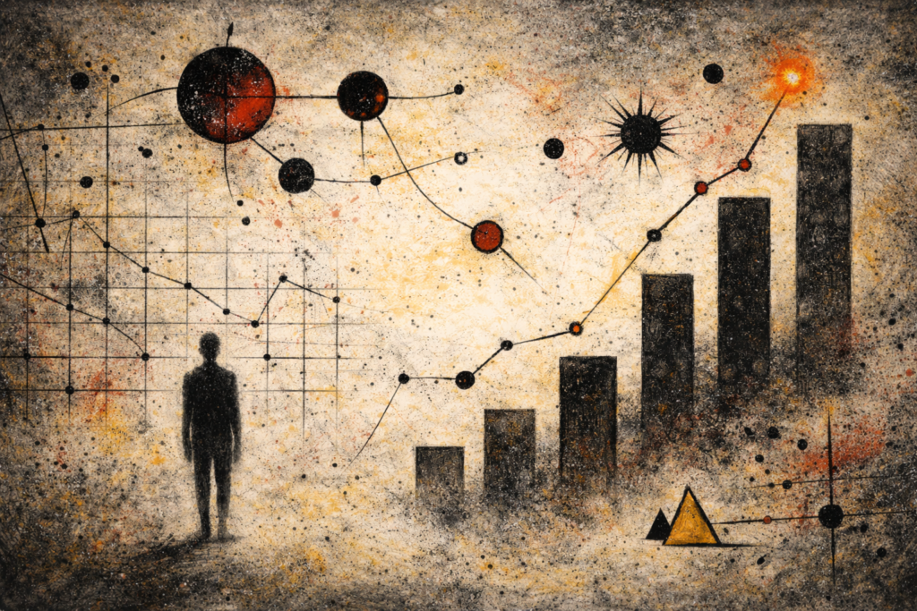 Abtraktinen surrealistinen kuva yksilön katoamisesta järjestelmän mittakaavassa