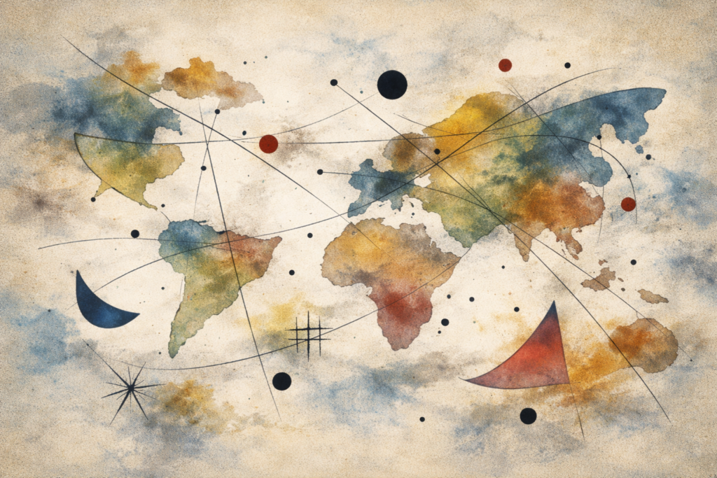 Abstrakti surrealistinen kuva kartasta ilman rajoja ja hajanaisista muodoista