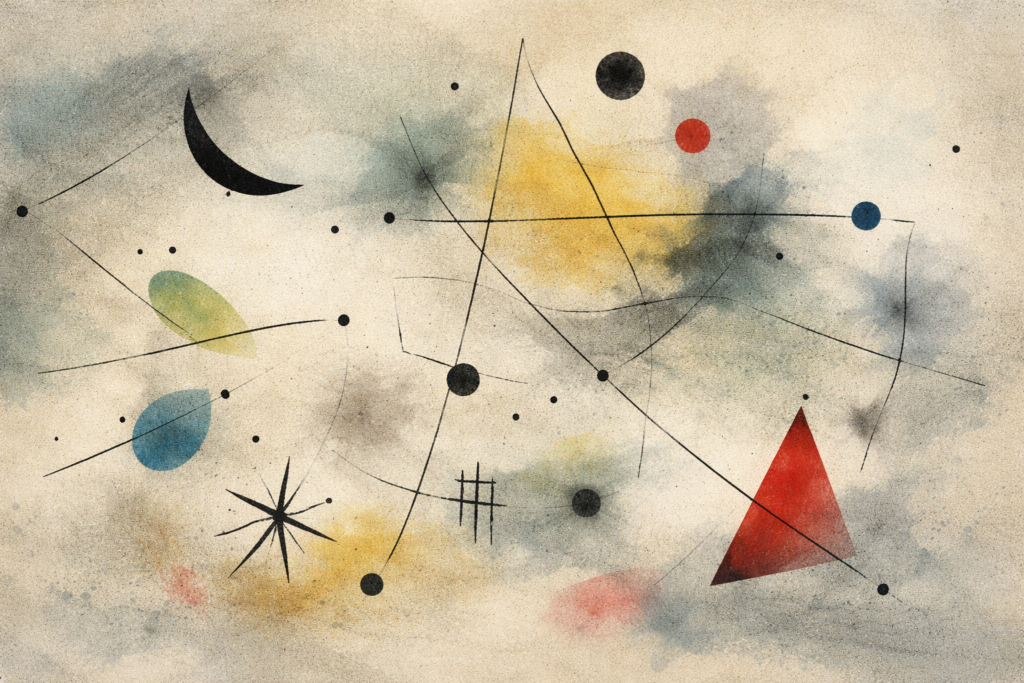 Abstrakti surrealistinen kuva hiljaisesta koneesta ja pirstaleisista muodoista