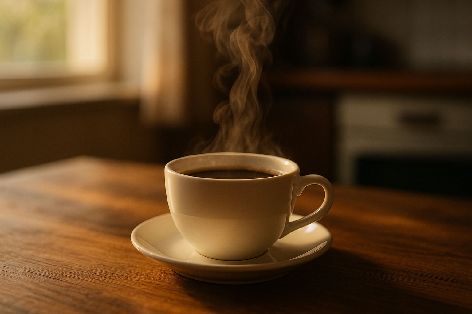 Höyryävä kahvikuppi puupöydällä aamun valossa