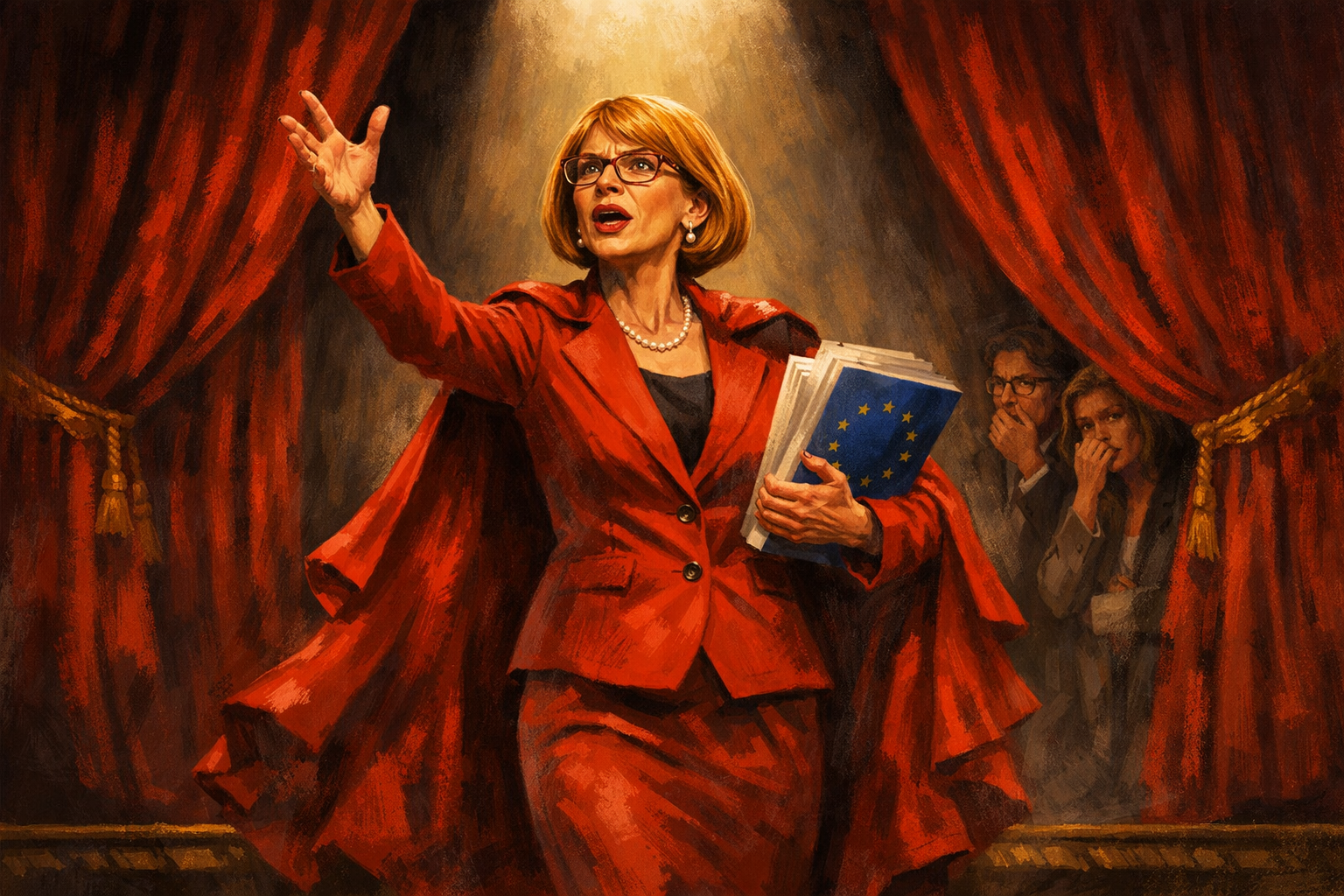 Tytti Tuppurainen seisoo näyttämöllä kuin poliittisen draaman kuningatar,elehtii suuresti,takanaan punasävyinen teatterilava ja utuiset toverit varjossa