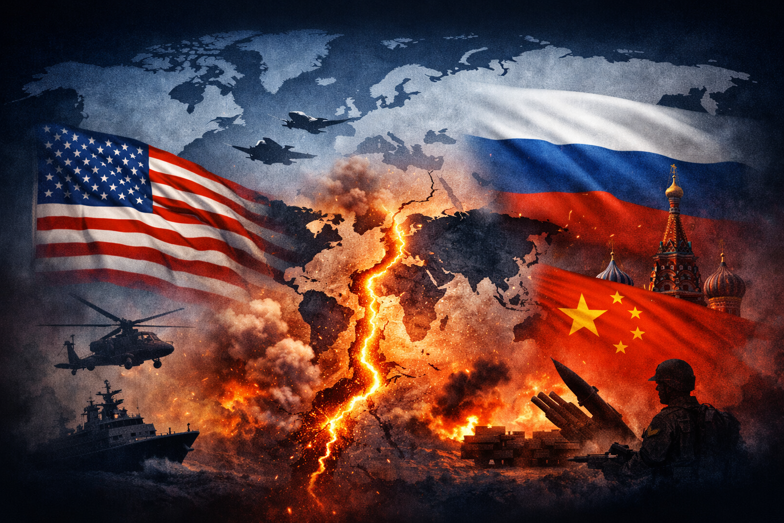 Maailman kartta,jossa suurvaltojen välinen geopoliittinen jännite ja etupiiriajattelu kuvattu symbolisesti