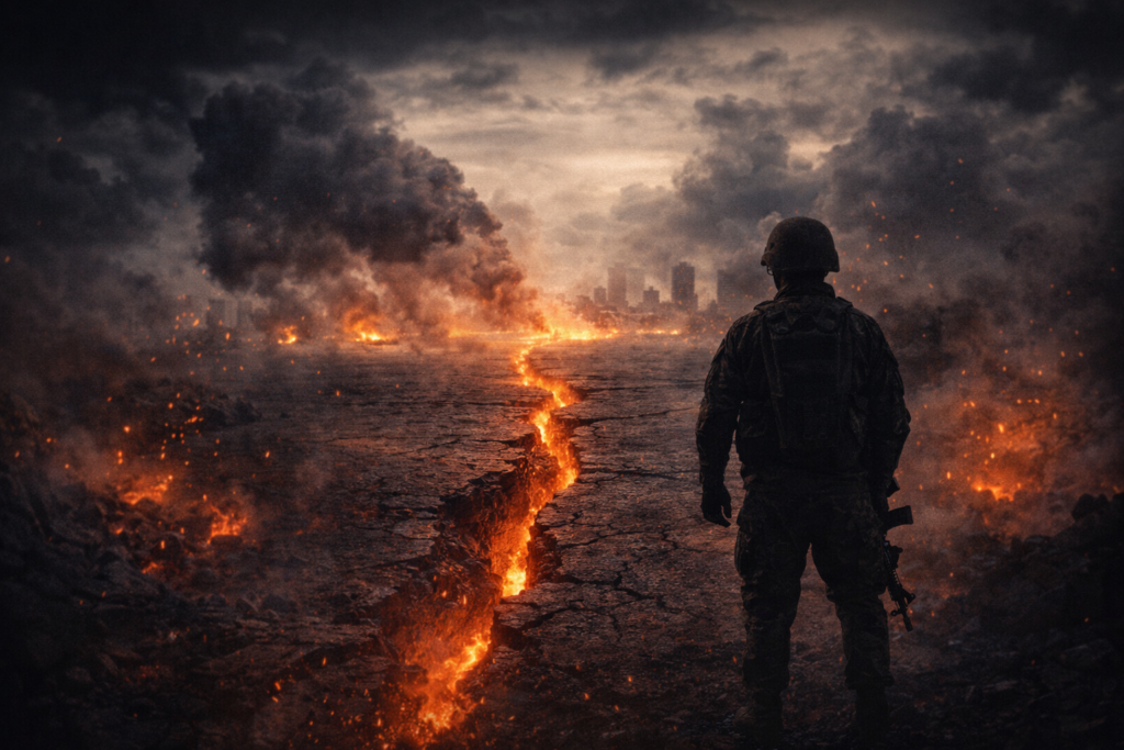 Pum-mitä tapahtuu todella? 3 Sotilas seisoo jakautunessa ja palaneessa maisemassa symboloiden maailmanjärjestyksen murrosta ja kasvavaa epävarmuutta