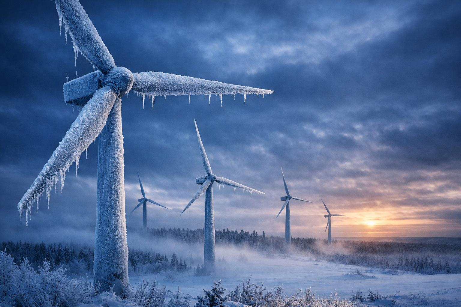 Jäätyneet tuulivoimalan lavat talvisessa maisemassa Suomessa