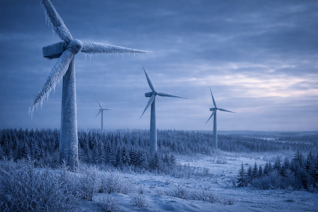 Tuulivoimalat pakkasessa ja tyynessä talvisäässä