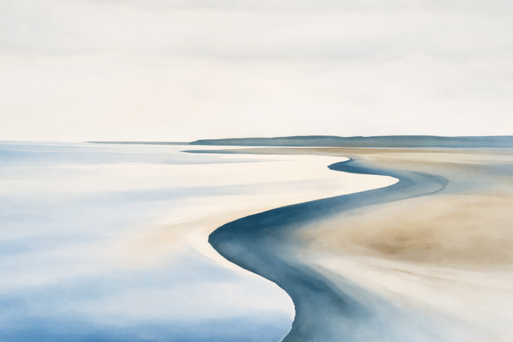 Kirjeitä veden äärellä-vastaanottamaton kirje 1 Kaukaisuudessa häilyvä ranta vaalean veden takana,sumuinen etäisyys