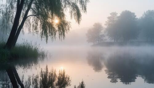 Kirjeitä veden äärellä-I Ranta 1 Varhainen aamu järvellä ennen auringonnousua,vaimea valo ja sumu