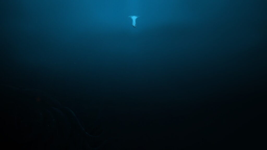 Abstrakti syvä vesi ilman pintaa,valo häviämässä tummansiniseen syvyyteen.