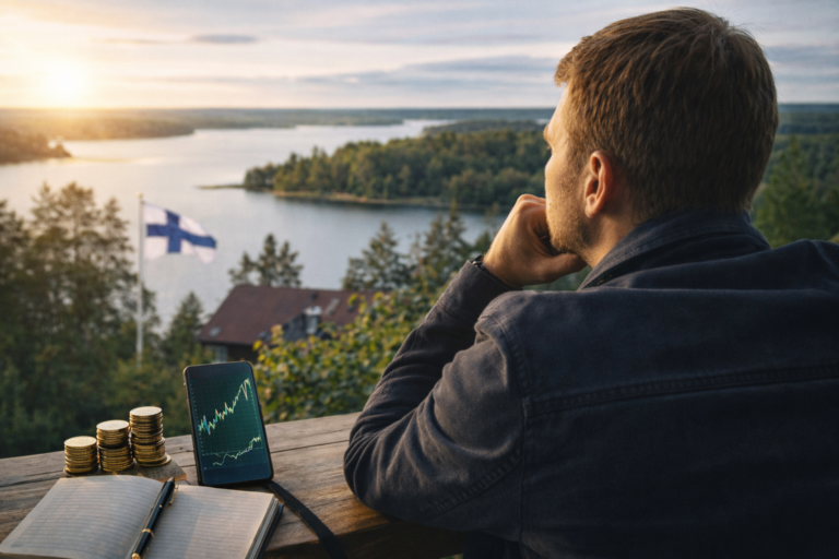 Suomalainen mies katselee sijoitus graafia ilta-auringossa