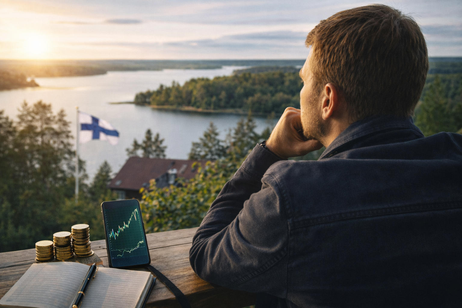 Suomalainen mies katselee sijoitus graafia ilta-auringossa