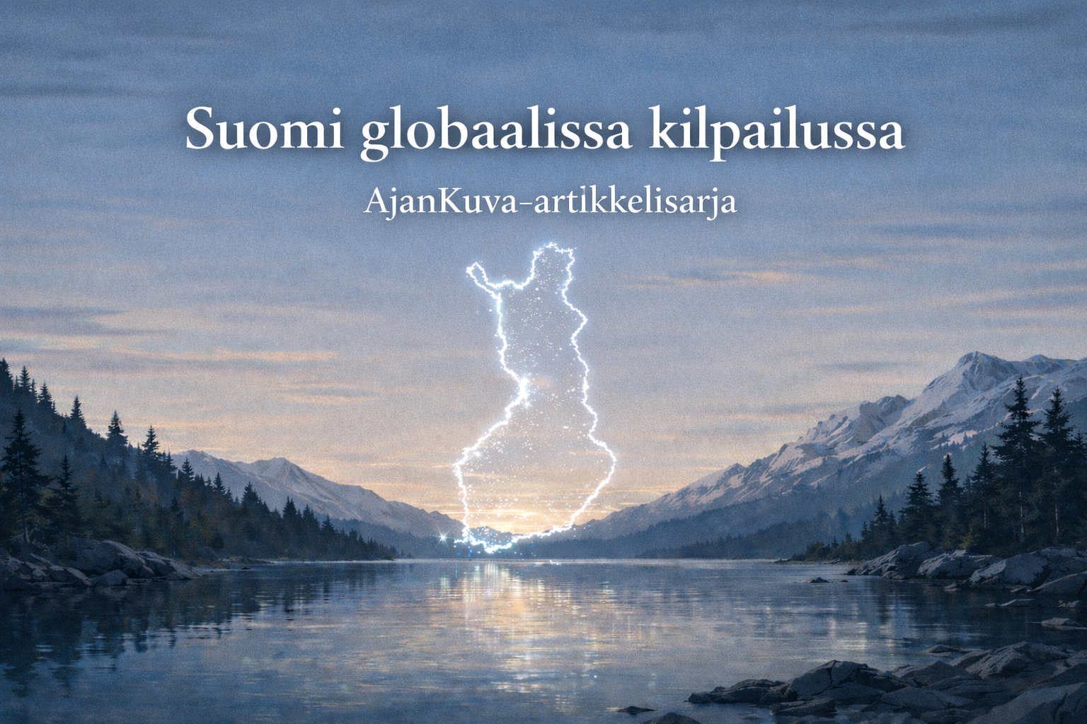 Suomi globaalissa kilpailussa-AjanKuva artikkelisarjan kuvitus,jossa Suomen kartta hehkuu pohjoisessa järvimaisemassa.