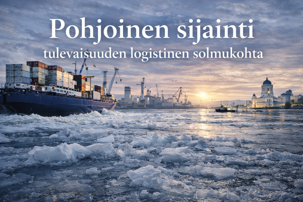 Pohjoinen sijainti,satamassa konttialus ,jäitä