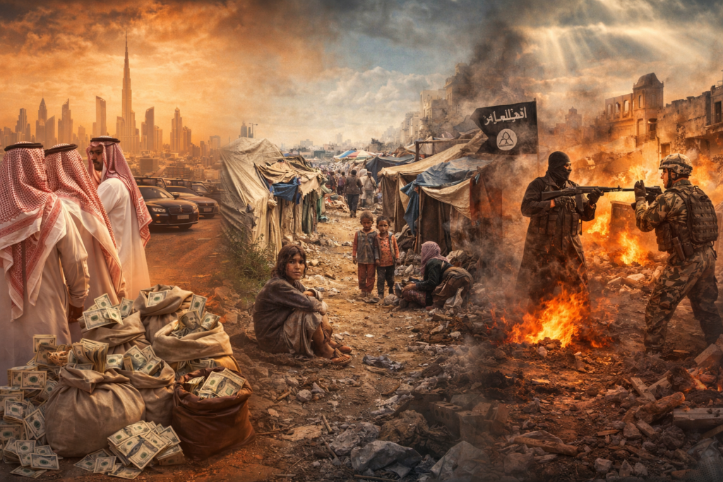 Lähi-idän äärimmäisyydet-rikkaus,pakolaisleirit ja aseelliset konfliktit rinnakkain