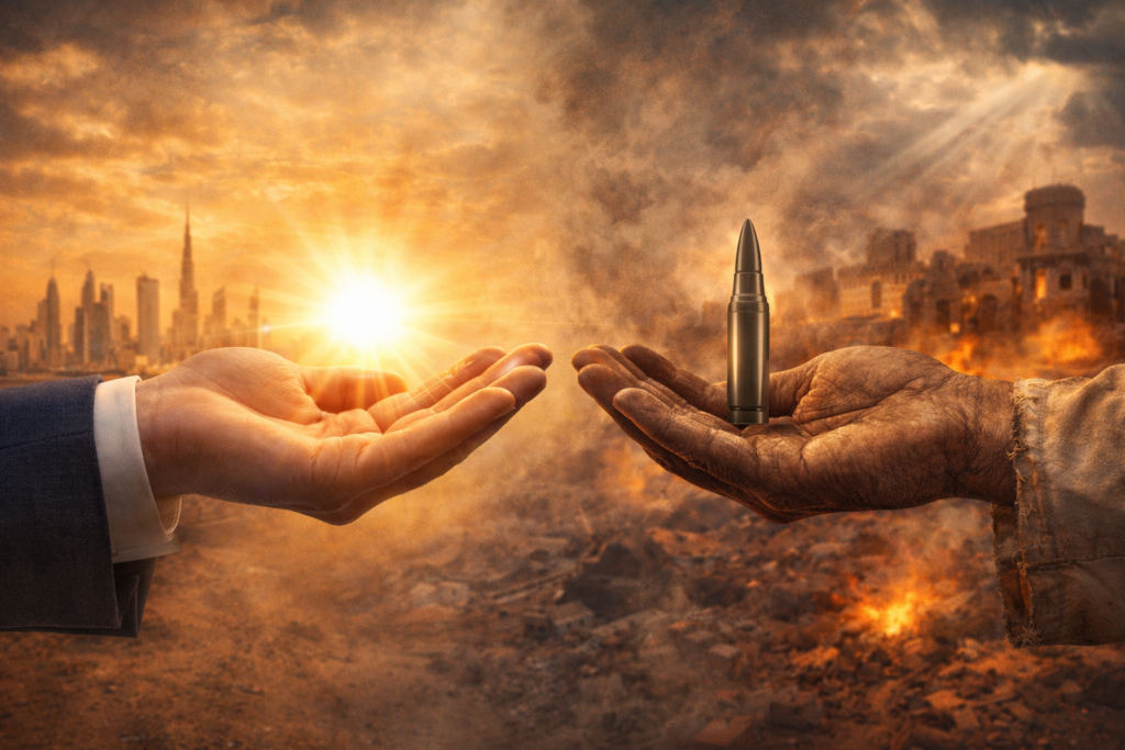 Kaksi kättä vastakkain-valo ja luoti symboloivat rauhan ja konfliktin jännitettä Lähi-idässä
