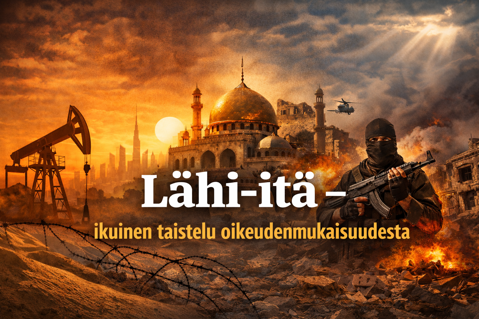 Lähi-idän geopoliittinen tilanne-öljy,kaupungit ja konfliktit kuvastavat alueen ristiriitoja ja oikeudenmukaisuuden taistelua