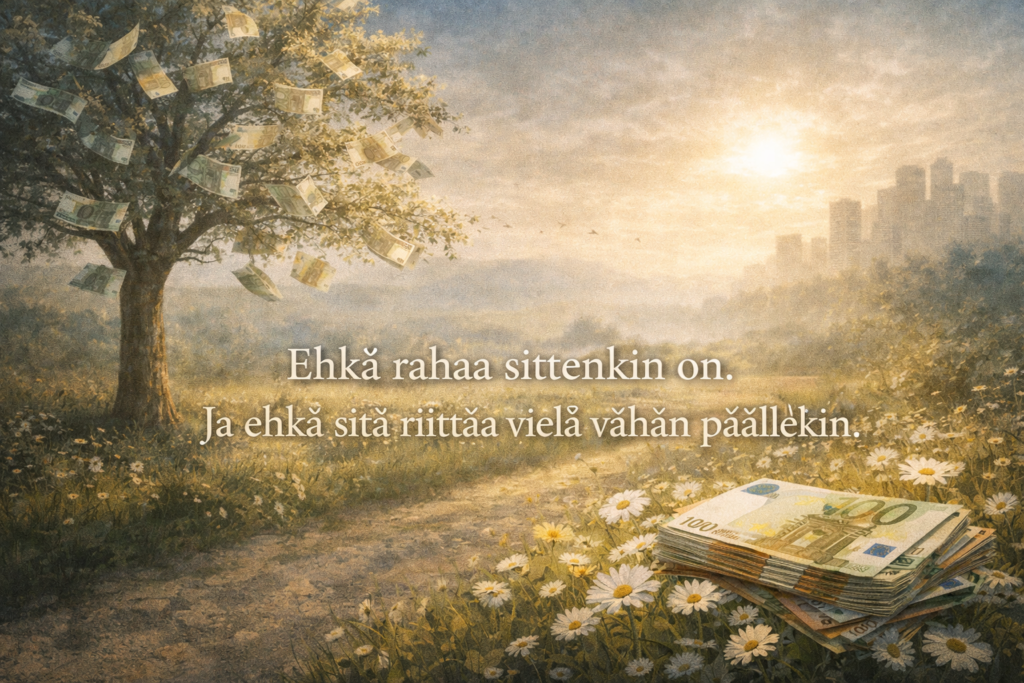 Rahaa on-ja vielä vappusatanen päälle 2 Raha symbolina keväisessä maisemassa-poliittinen toivo ja talouden illuusio