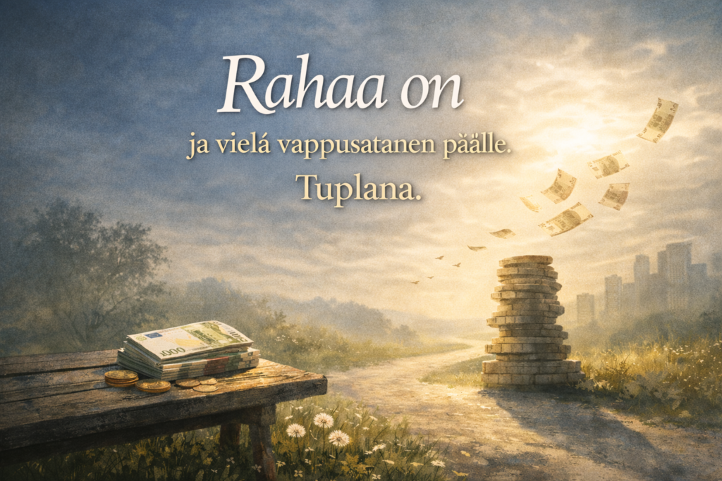 Keväinen maisema ja euroseteleitä symboloiva kuva poliittisista lupauksista