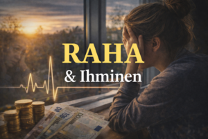 Nainen miettii pöydän ääressä henkilökohtaisia raha asioitaan