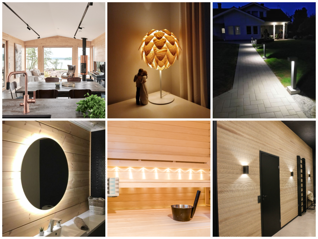 Valmiin talon näyttävät valaisinkuvat antavat talolle viihtyisyyttä.